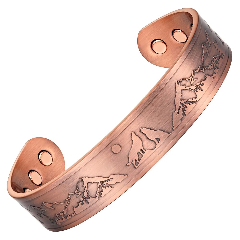 Bracciale Rigido Uomo in Rame Willis Judd Lupo - Lupi che Ululano alla Luna Piena, Design Wildlife