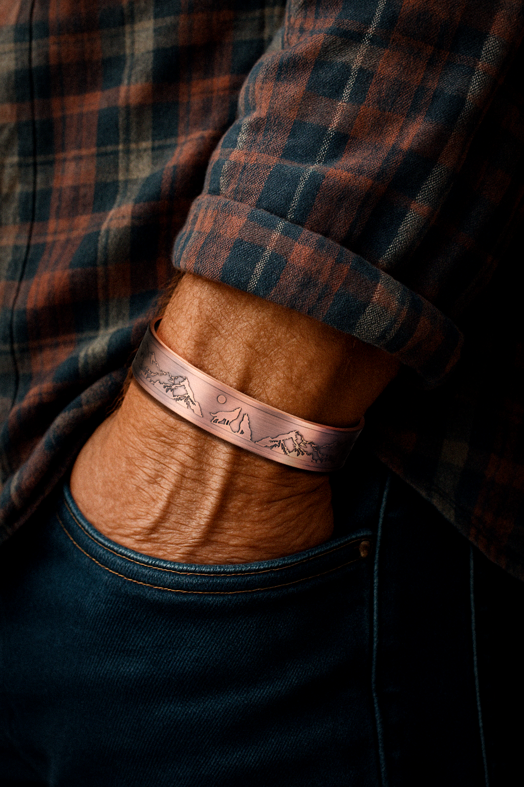 Bracciale Rigido Magnetico Uomo in Rame Lupo - Nuovo Design