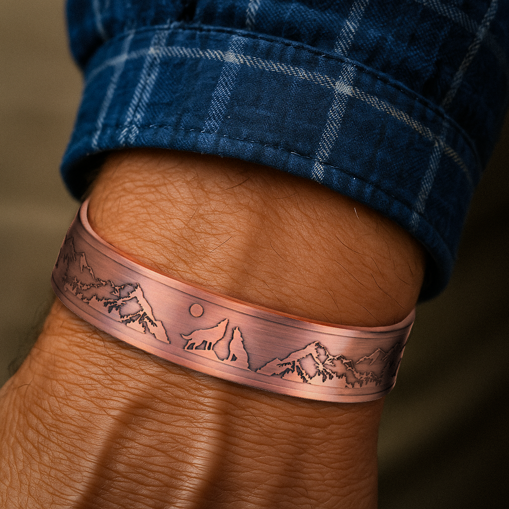Bracciale Rigido Magnetico Uomo in Rame Lupo - Nuovo Design
