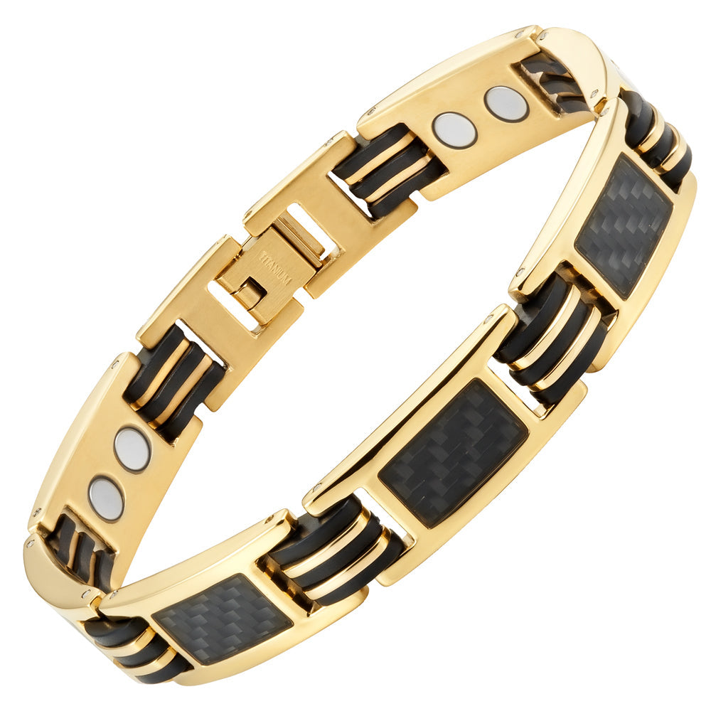 Bracciale Magnetico Uomo - Titanio Oro con Fibra di Carbonio Nera