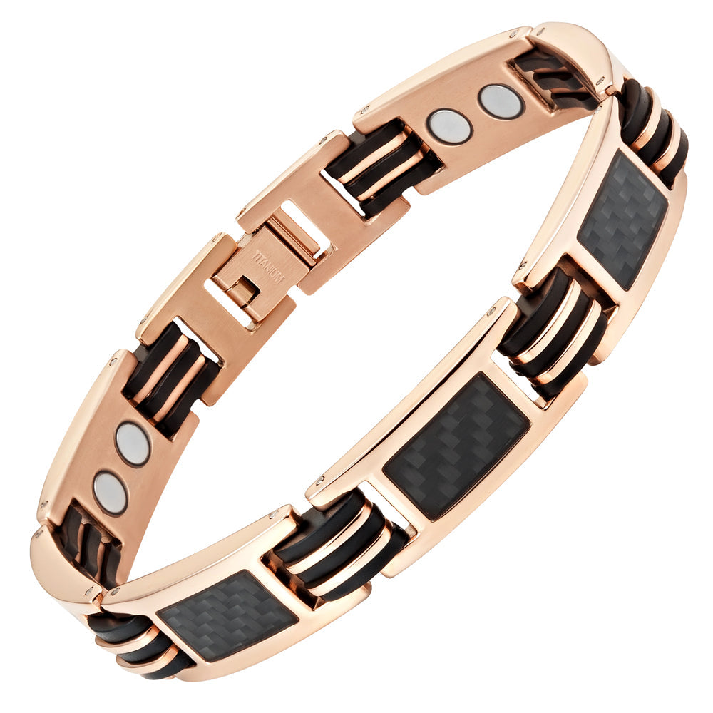Bracciale Magnetico Uomo Color Oro Rosa - Fibra di Carbonio Nera