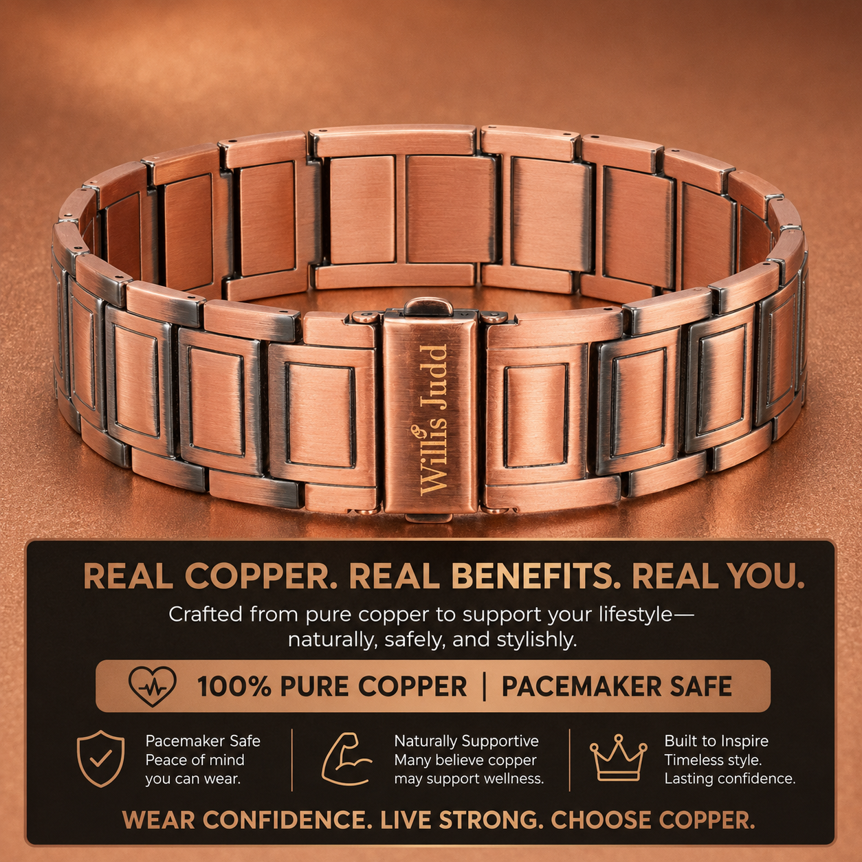 Bracciale Uomo in Rame - Sicuro per Portatori di Pacemaker