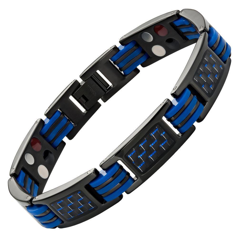 Bracciale Magnetico Uomo Quattro Elementi in Titanio Nero e Fibra di Carbonio Blu